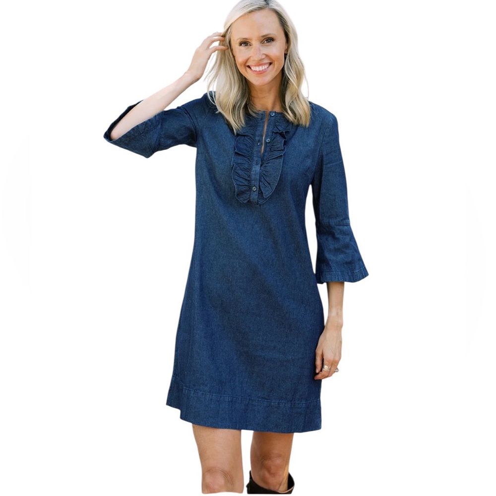 Draper James Indigo Ruffle-Front Denim Shift Dress